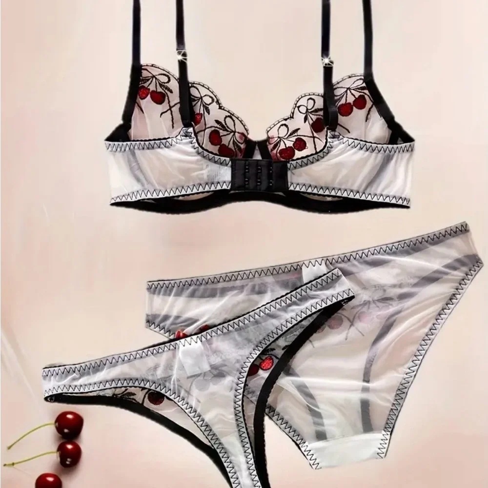 Cherry Embroidered Lingerie Set, Black, Red & White, NEW, 3 pcs. - Picture 3 of 9